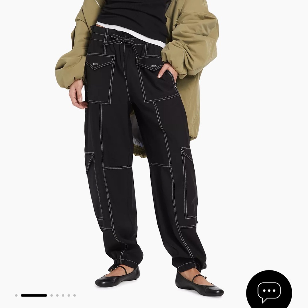 Ganni Contrast Stitch Wide Leg Cargo Drawstring Light Slub Pants Size 8-10